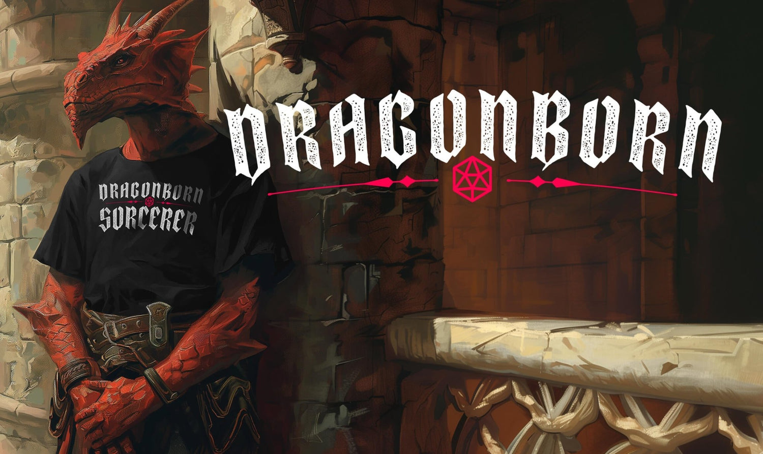 Dragonborn Gear - a red scaled dreagonborn wearing black graphic t-shirt - Stealth Check Co