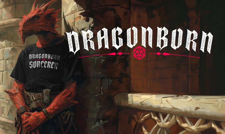 Dragonborn Gear - a red scaled dreagonborn wearing black graphic t-shirt - Stealth Check Co