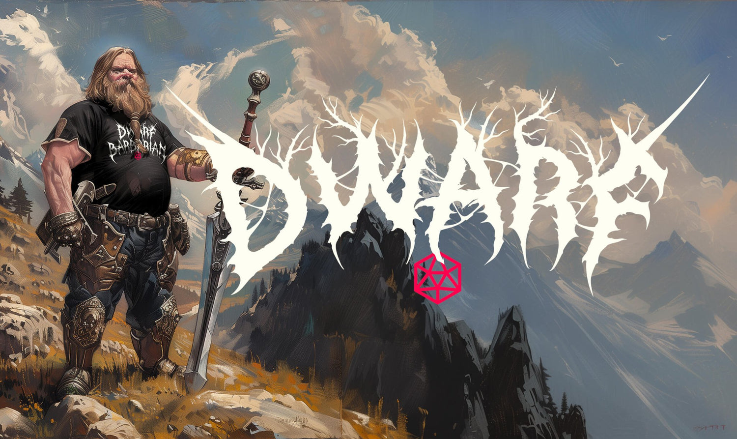 Dwarf Gear - a dwarf barbarian on a mountain side wearing black graphic t-shirt - Stealth Check Co