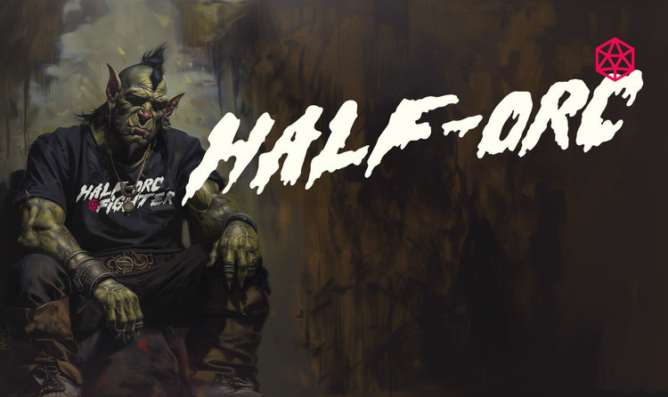 Half-Orc Gear - A moody half-orc sitting wearing black graphic t-shirt - Stealth Check Co