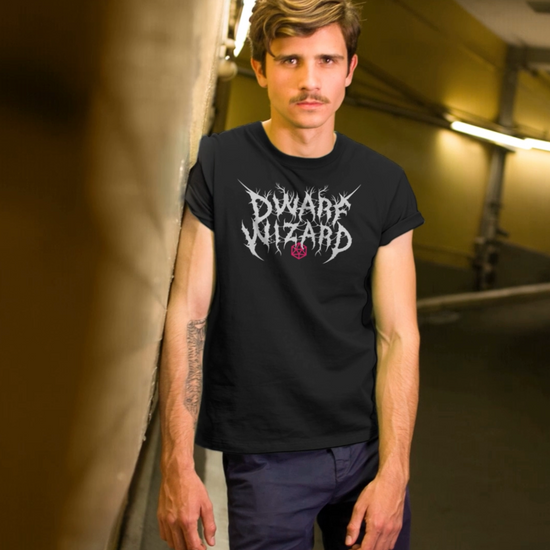Hip guy modeling a black graphic t-shirt with white Dwarf Wizard with in metal band typography